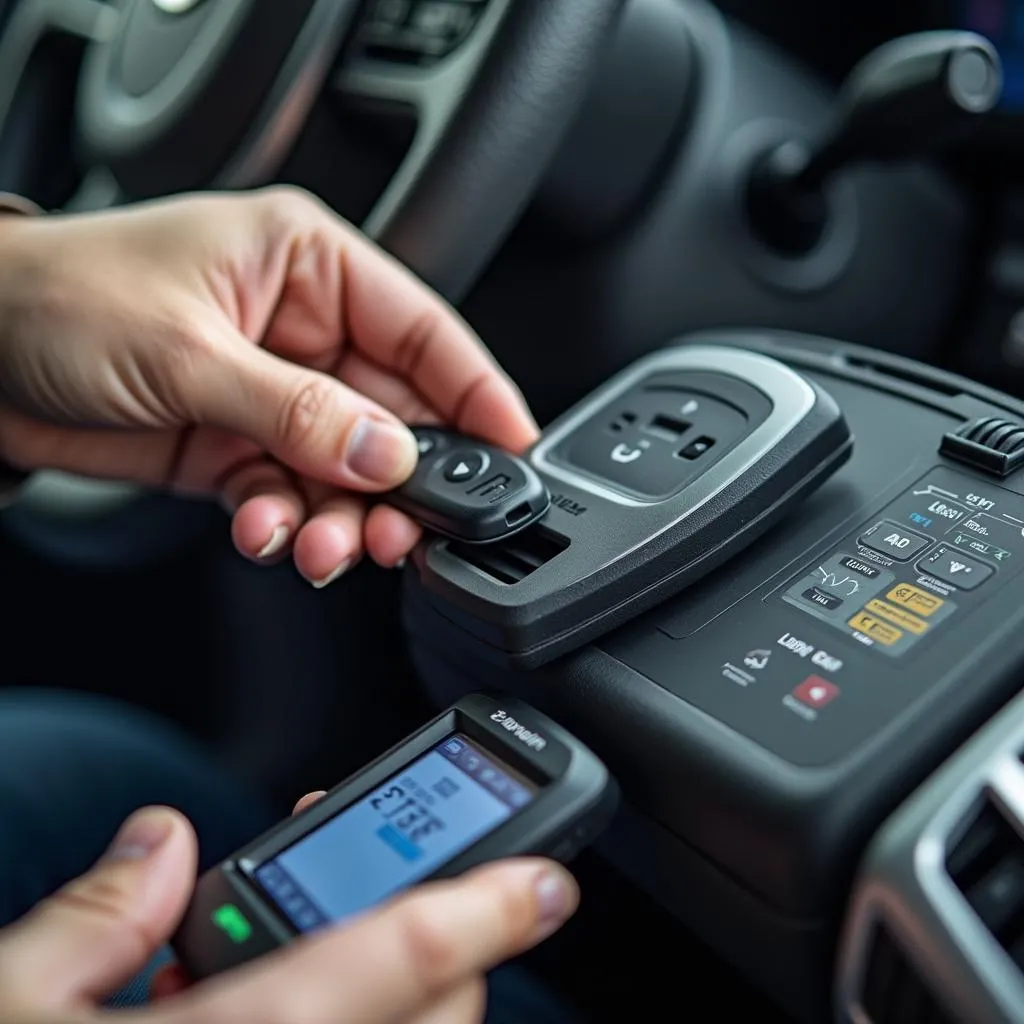 Programming a car key using specialized equipment.