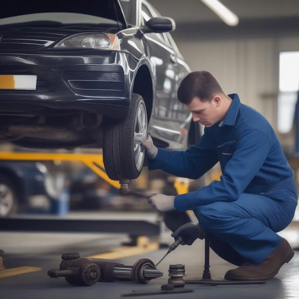 Mechanic inspecting car axles