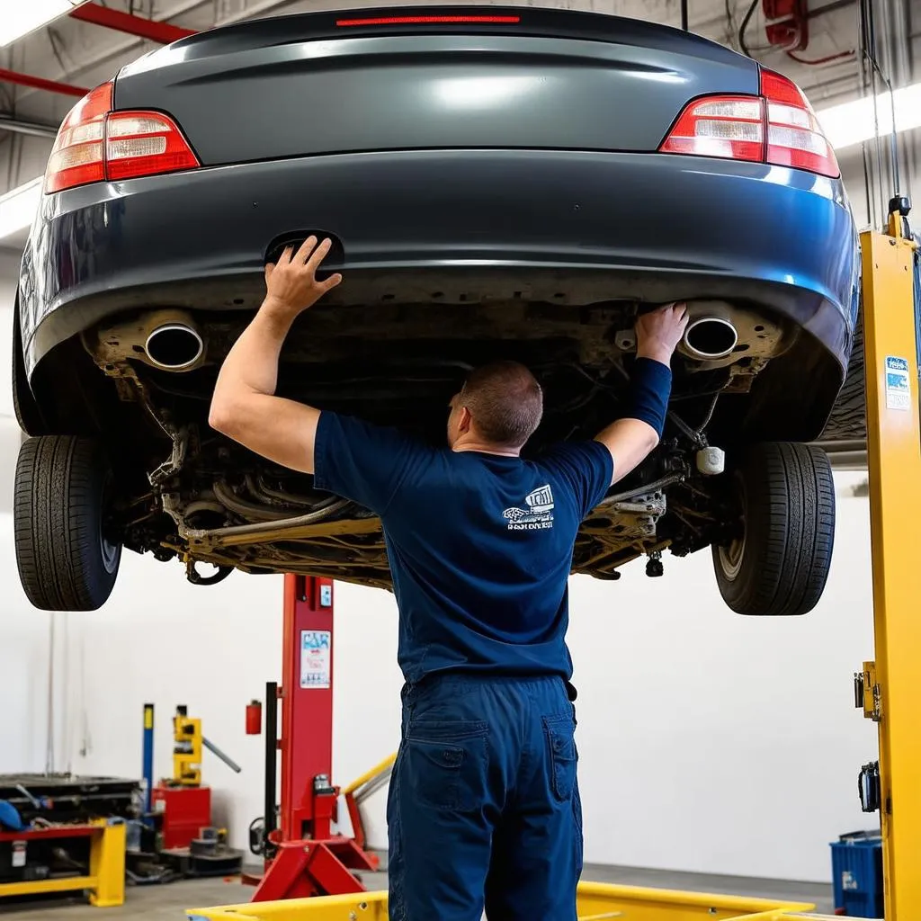 car mechanic checking under car