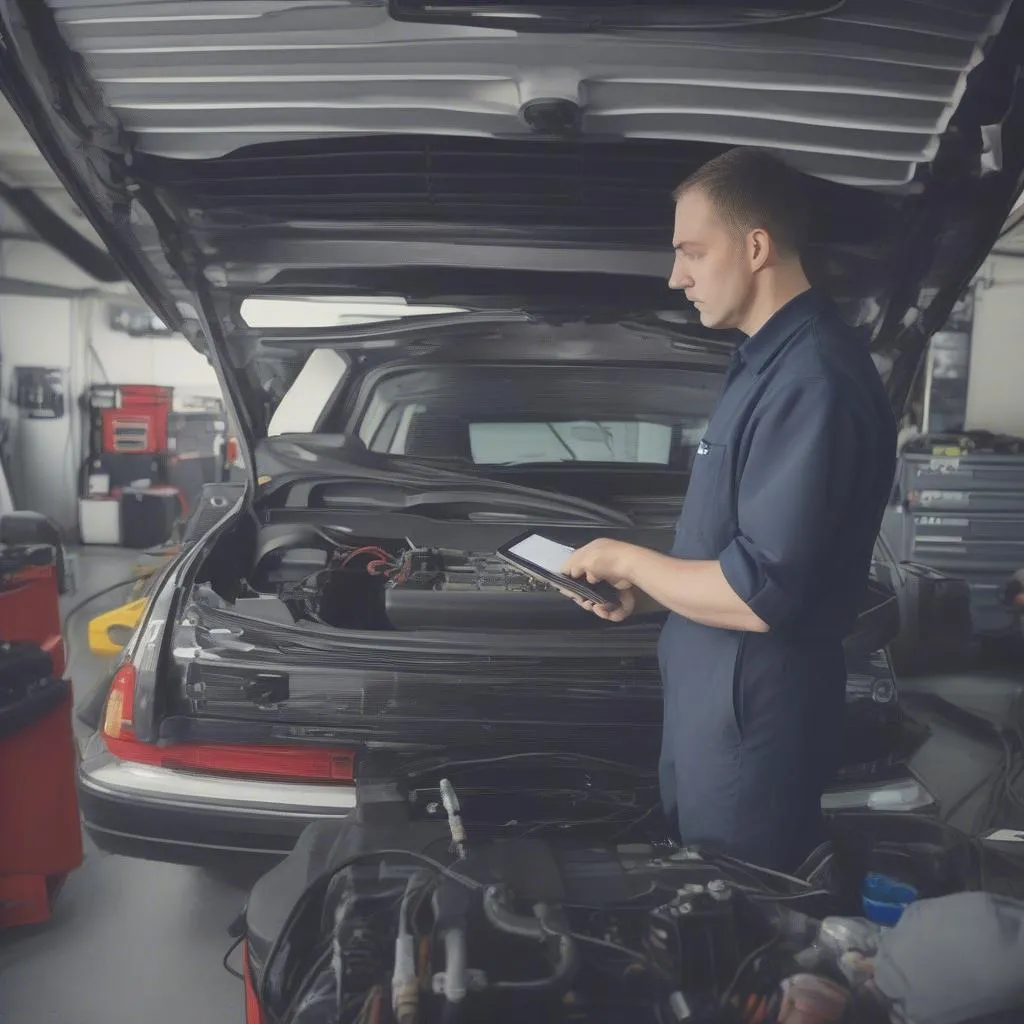 Car mechanic diagnosing