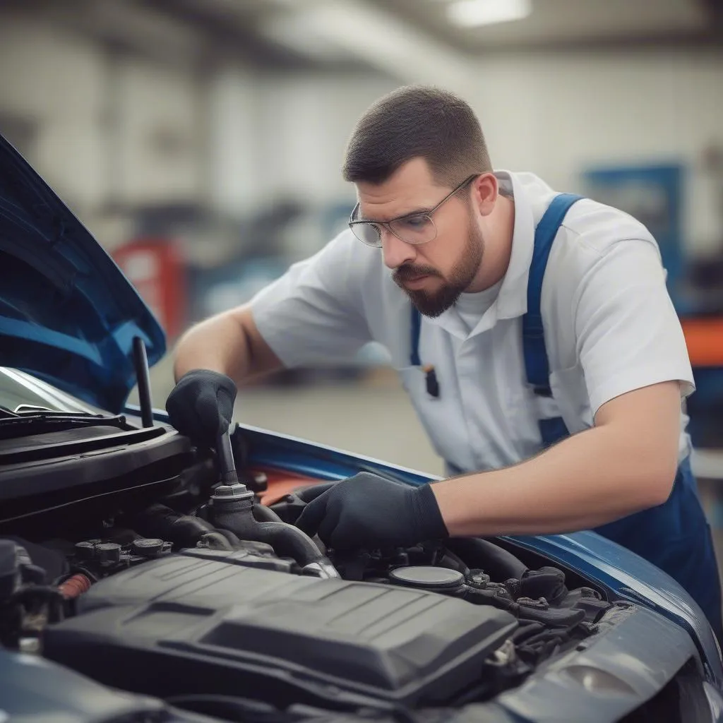 Car Mechanic Diagnosing Engine Problem