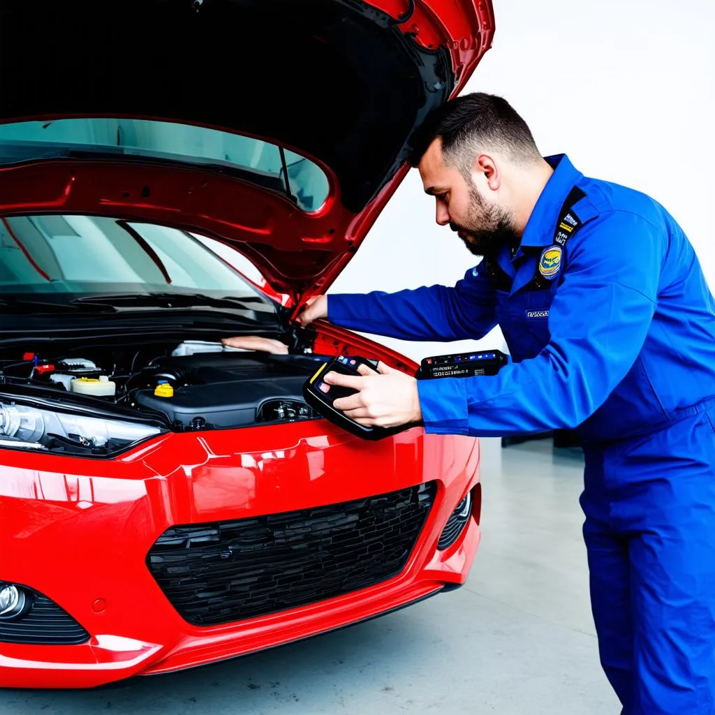 Mechanic using a diagnostic tool