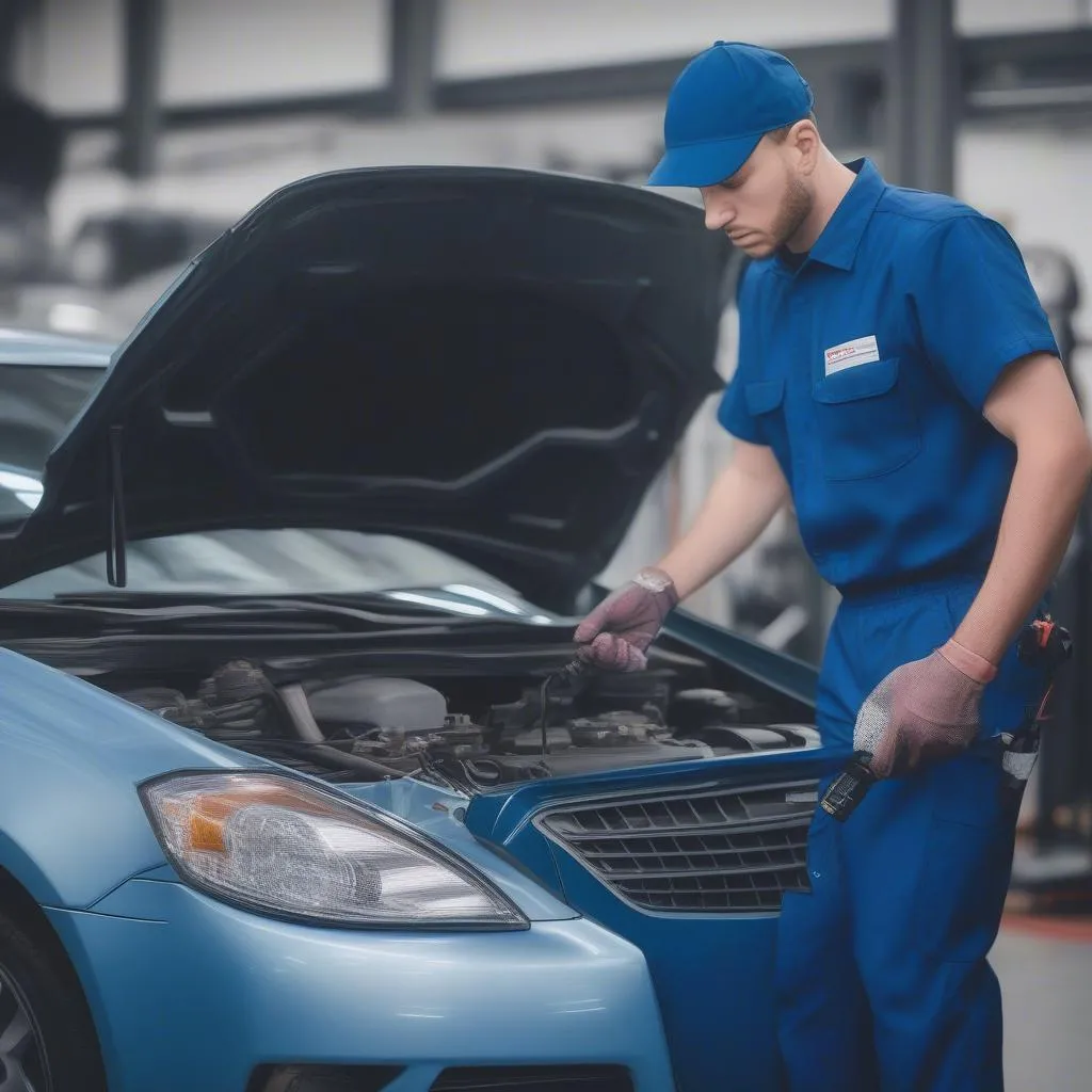 Mechanic Using Diagnostic Tool on Car