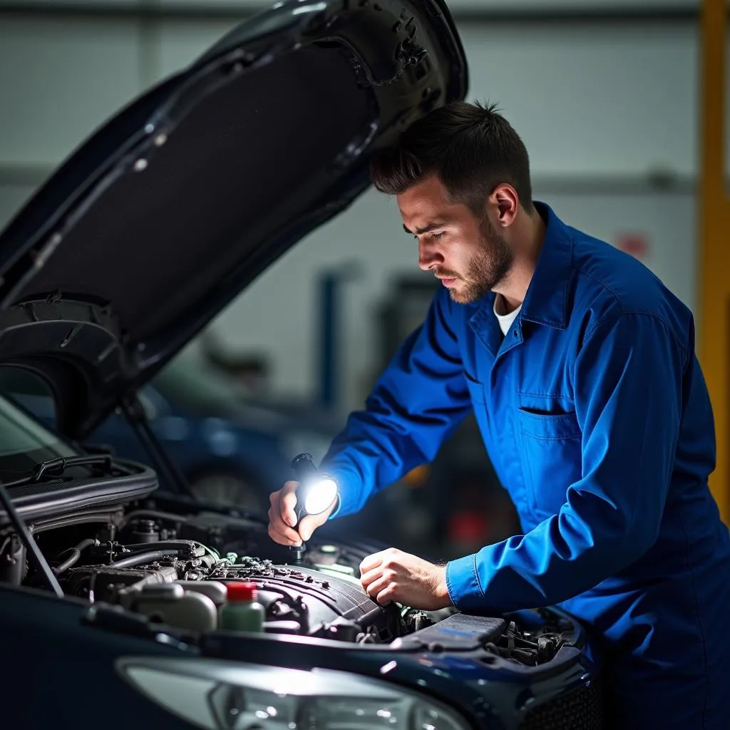 Mechanic inspecting car damage after an accident