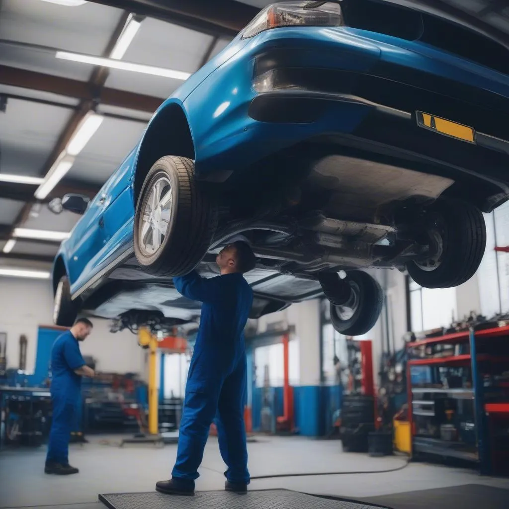 Car mechanic inspecting suspension