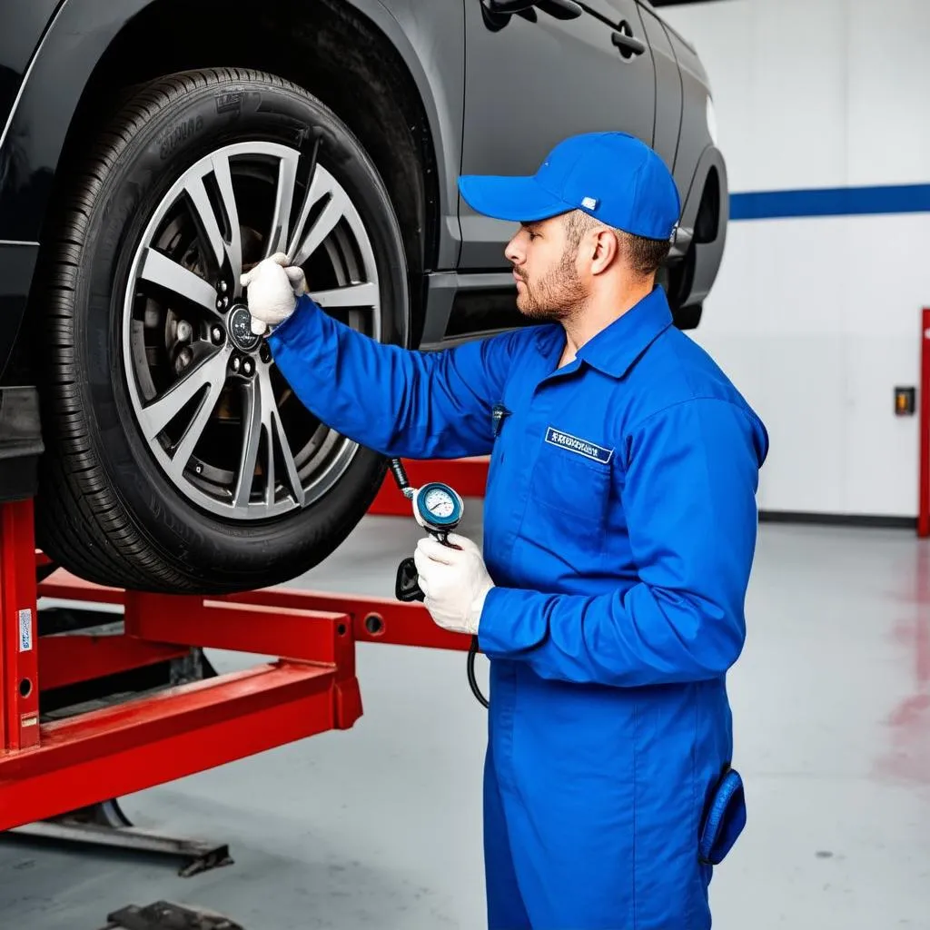 car mechanic inspecting tires