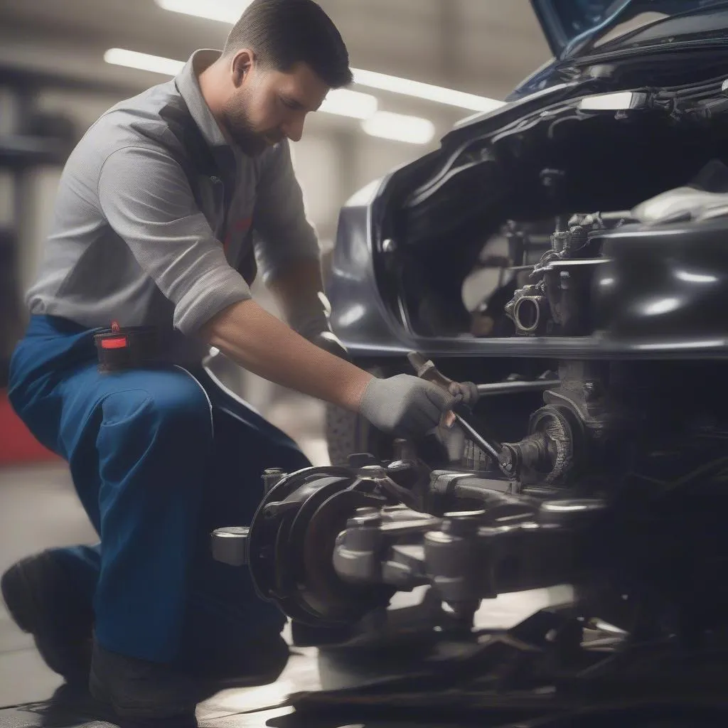 car mechanic inspecting suspension