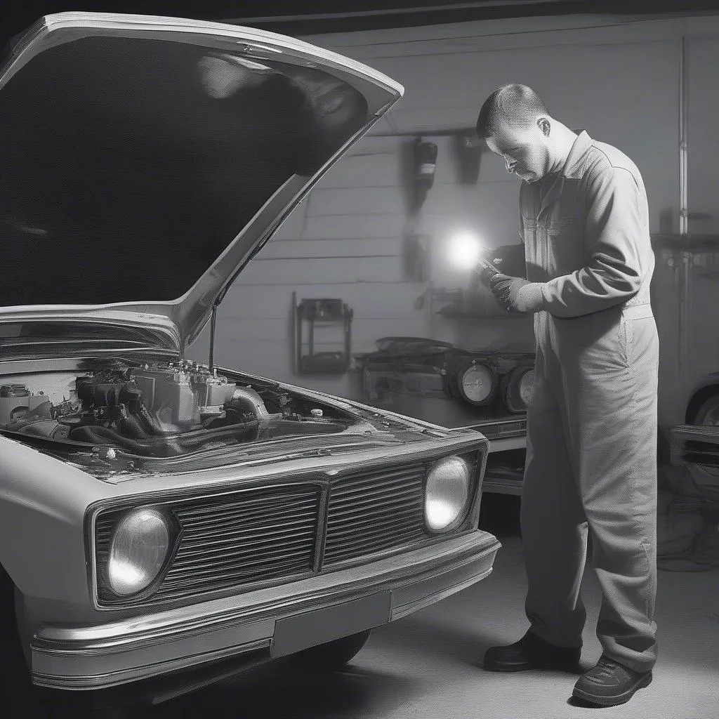 Car mechanic inspecting car