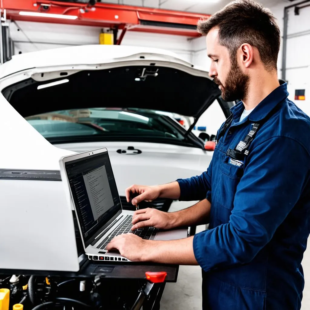 Car mechanic using laptop for diagnostics