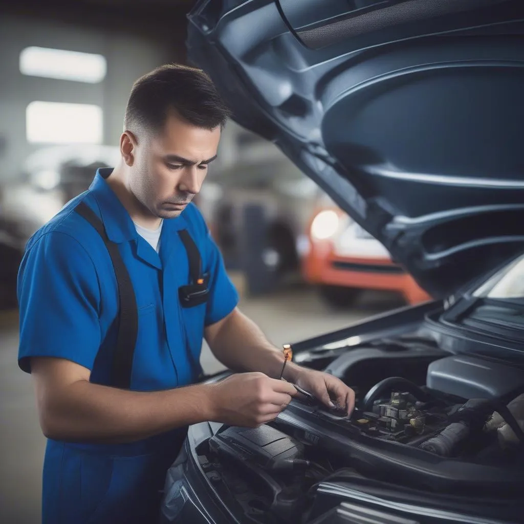 Car mechanic using diagnostic tool to identify engine problems