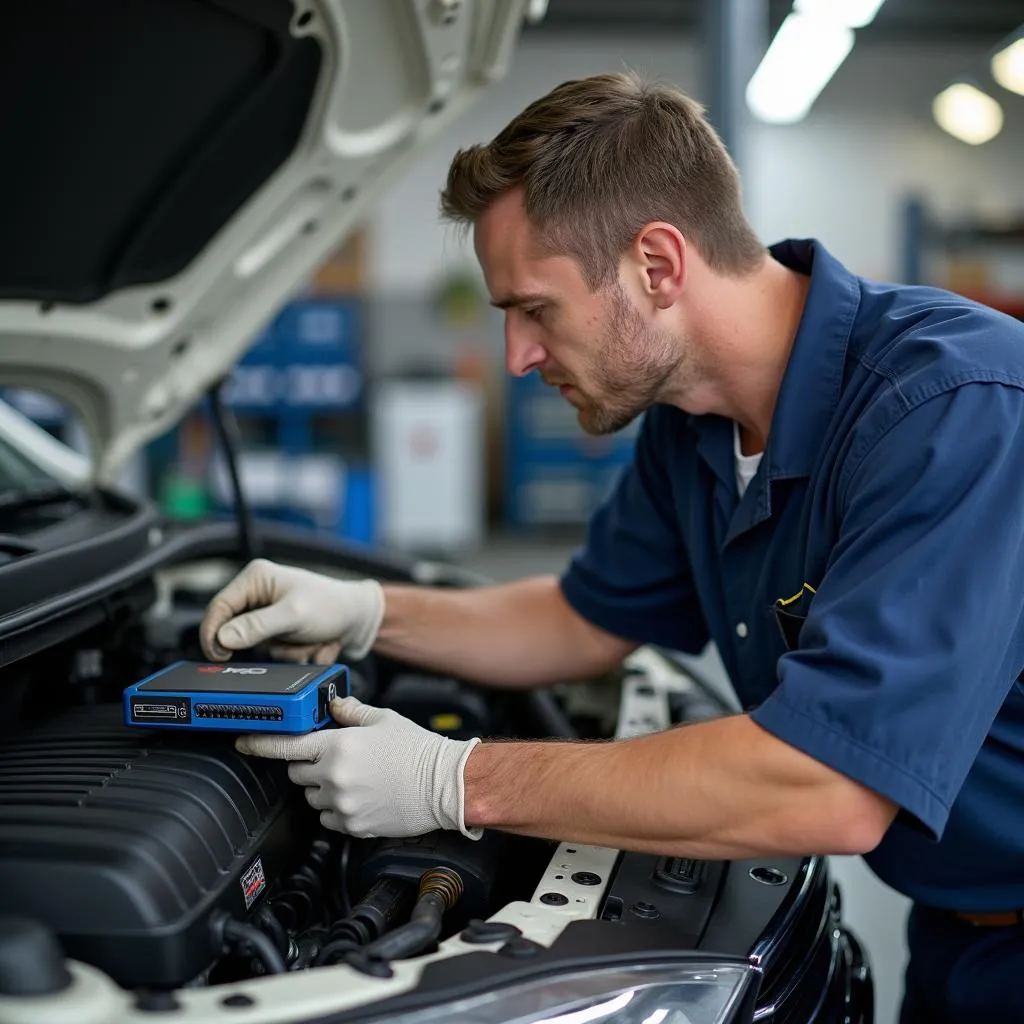 Mechanic connecting a diagnostic tool to a car's system