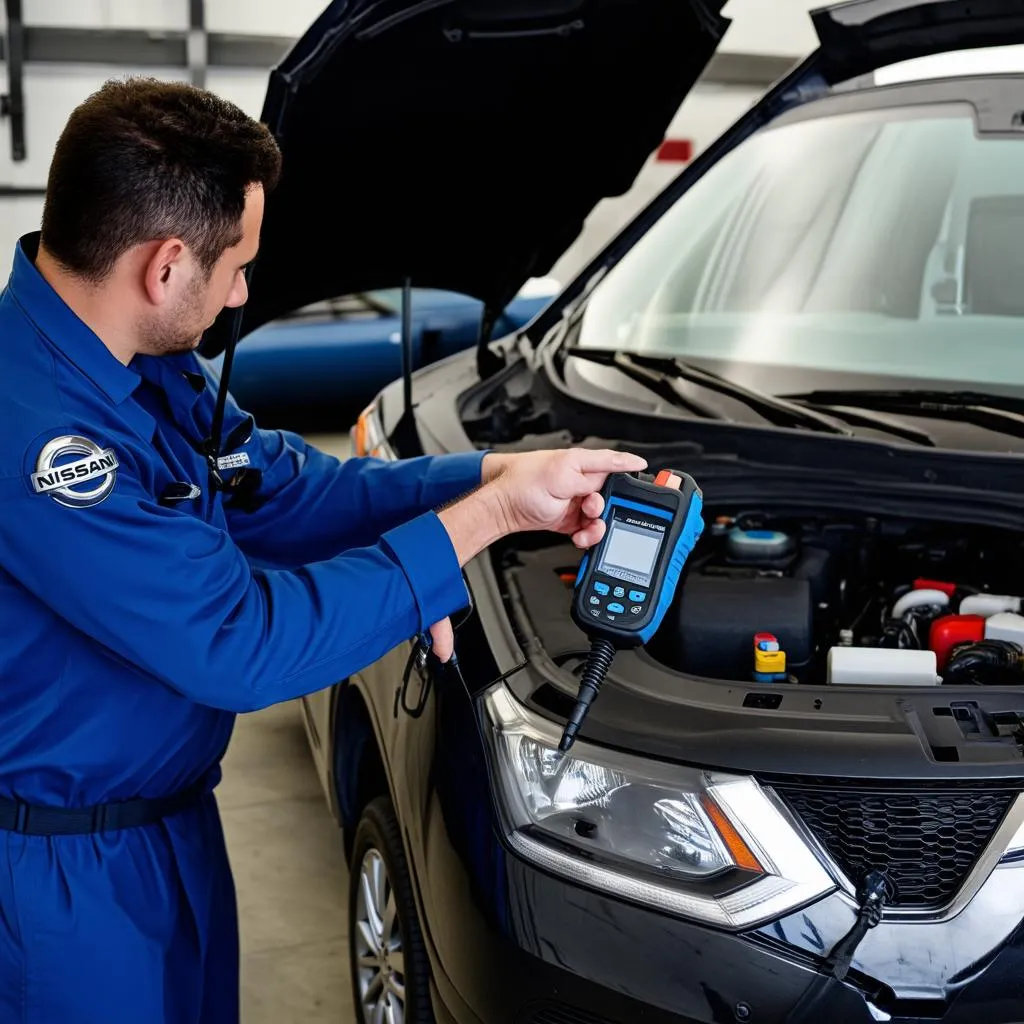 Mechanic using a scan tool on a Nissan Rogue