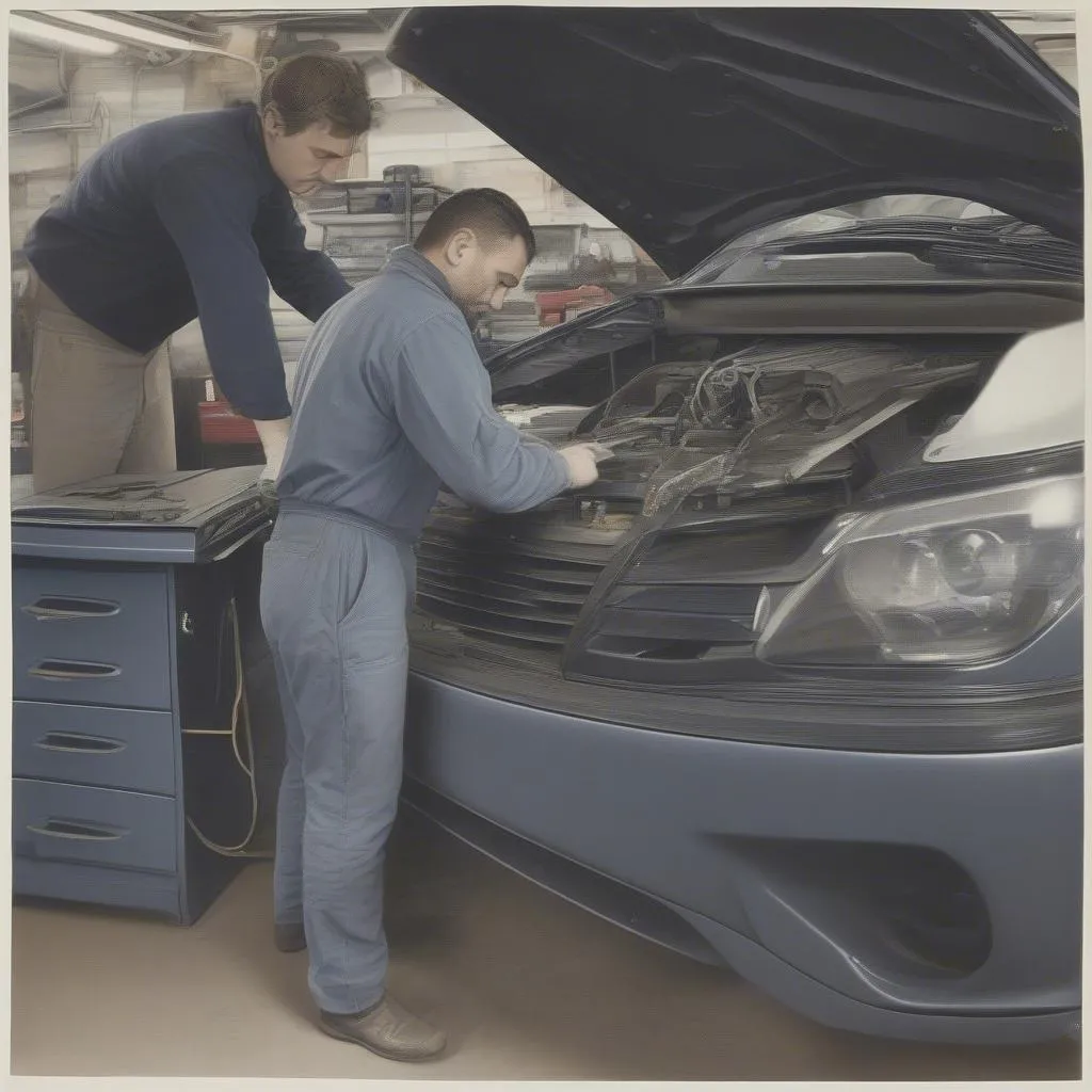 Car mechanic using a fixed auto scanner to diagnose a car