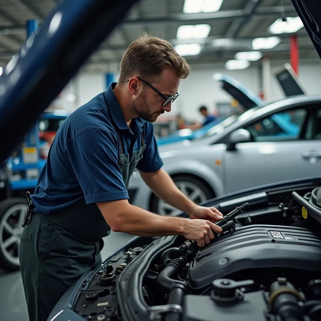 Car Mechanic Working on Car Engine in Auto Repair Shop