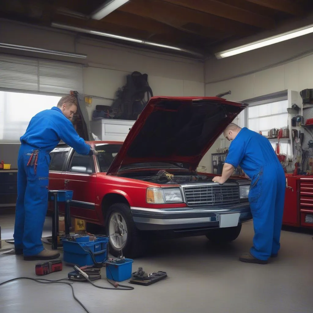 Team of mechanics working on a car