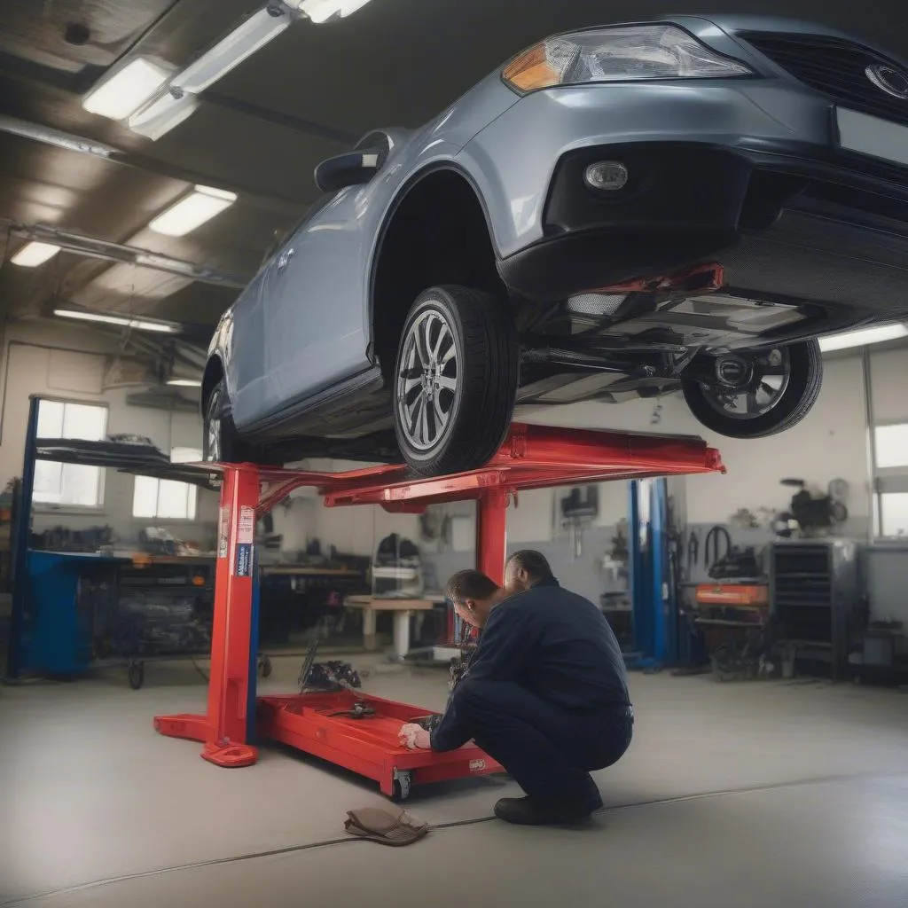 Car on a lift for inspection