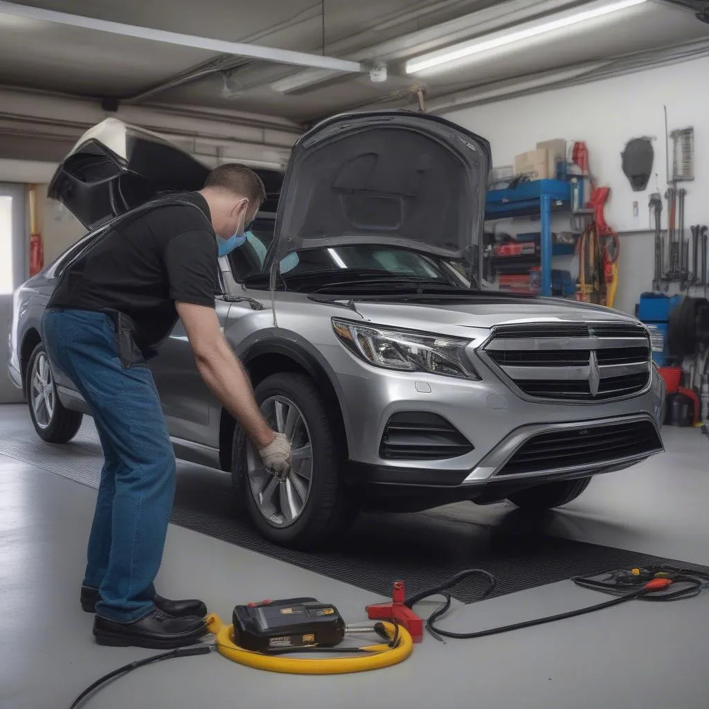 A car on a lift for a tire change while a mechanic uses an ATEQ Quickset tool