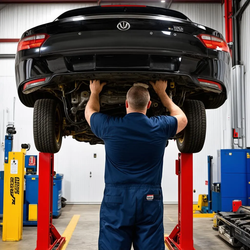 Car on lift in garage for repair