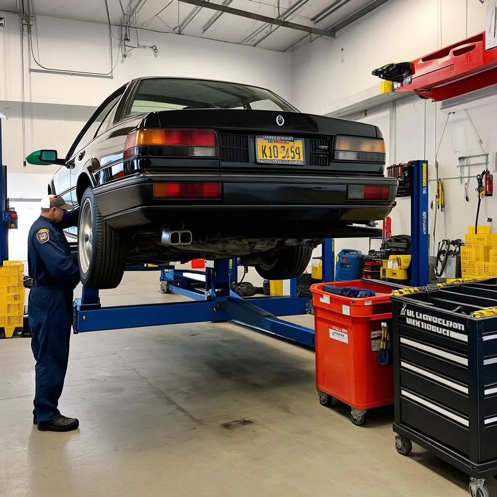 Car on lift in repair shop