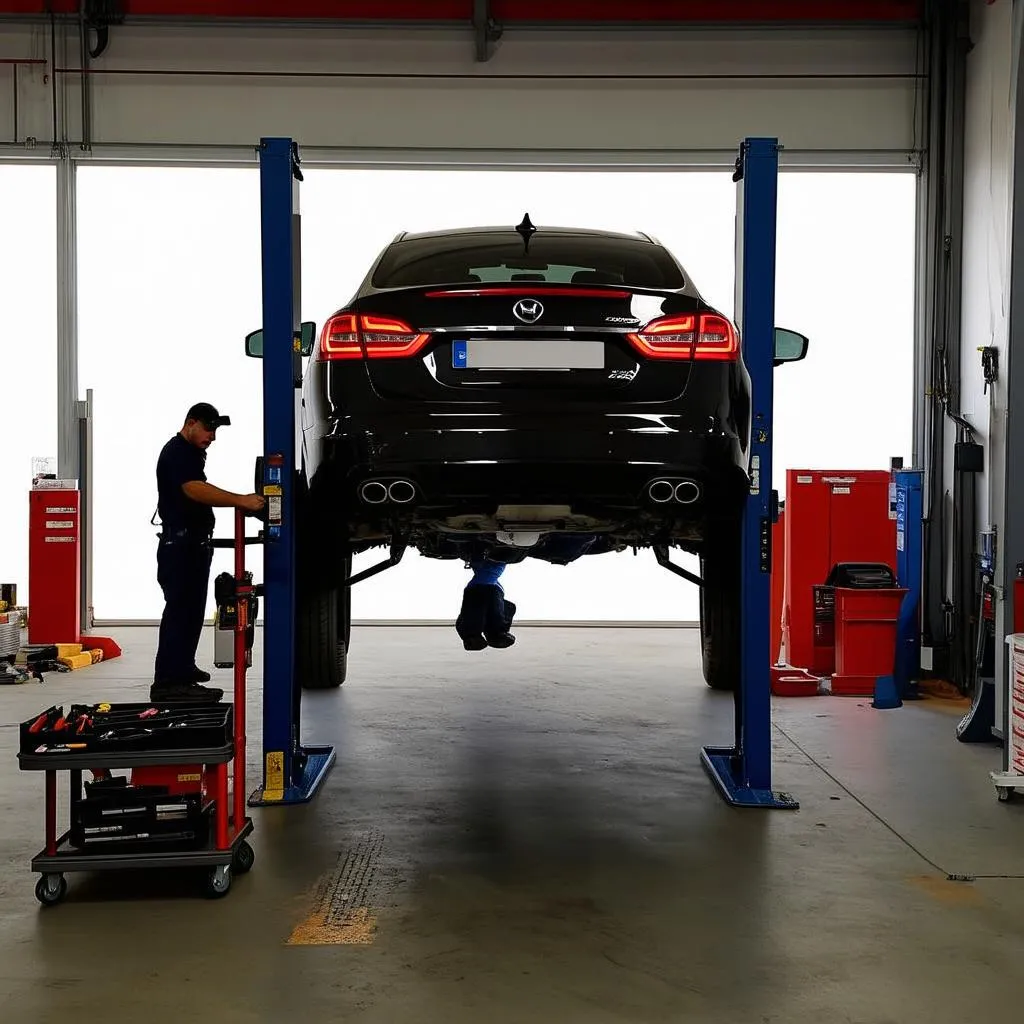 Car on a lift in a repair shop