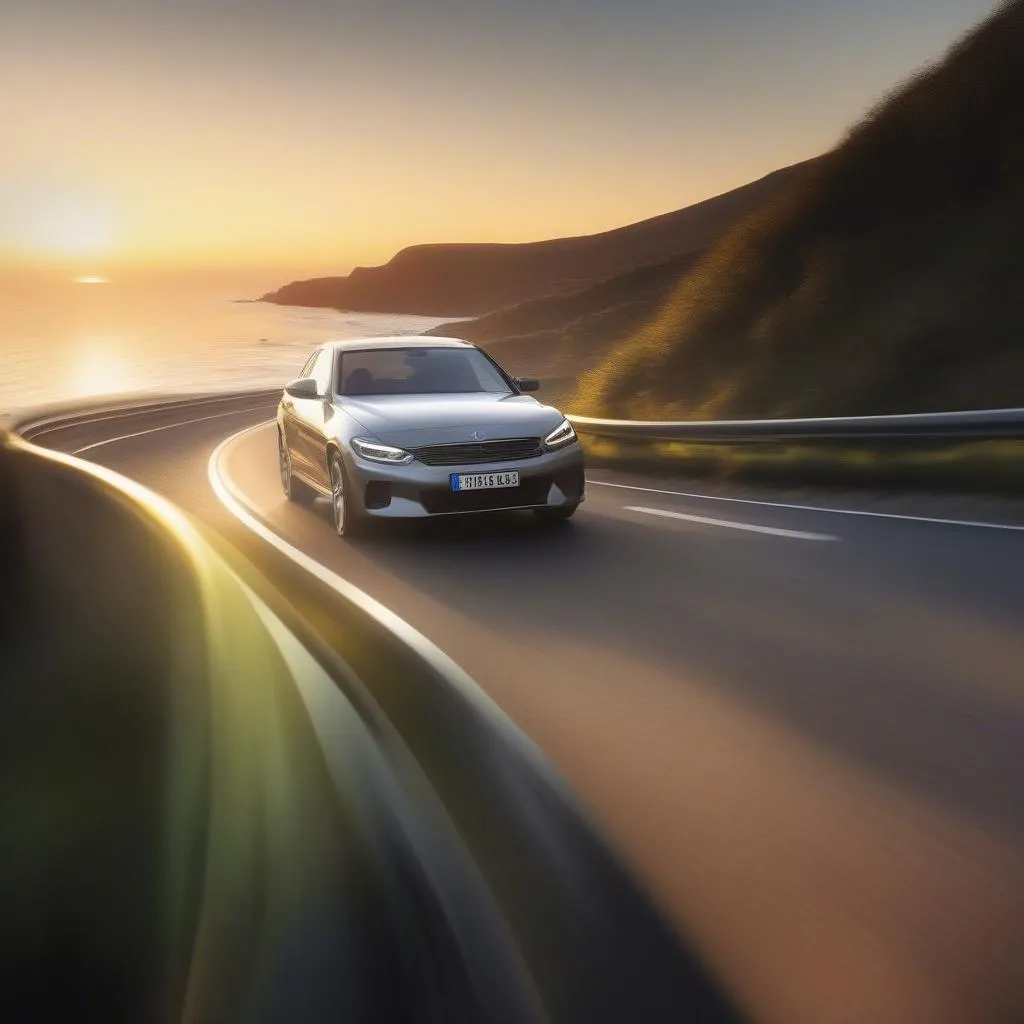 Car driving safely on the road with a scenic background