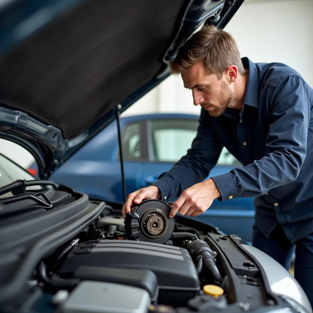 Car owner inspecting the ABS system under the hood