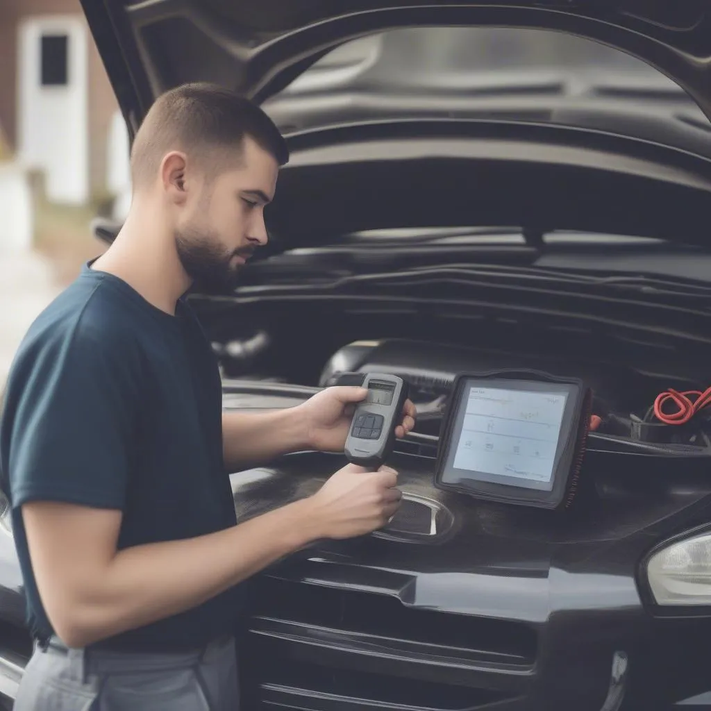 car owner using transmission diagnostic tool