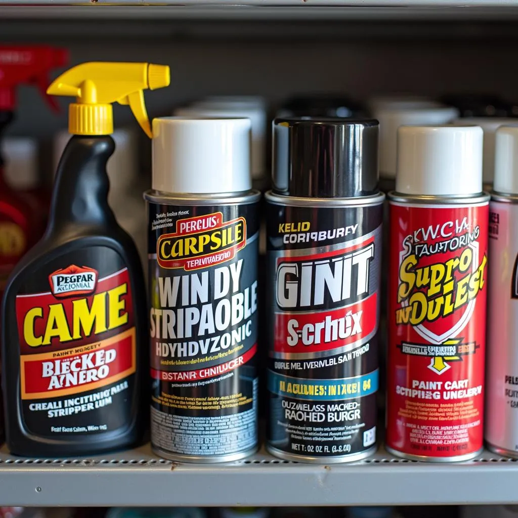 Car paint stripper products on a shelf