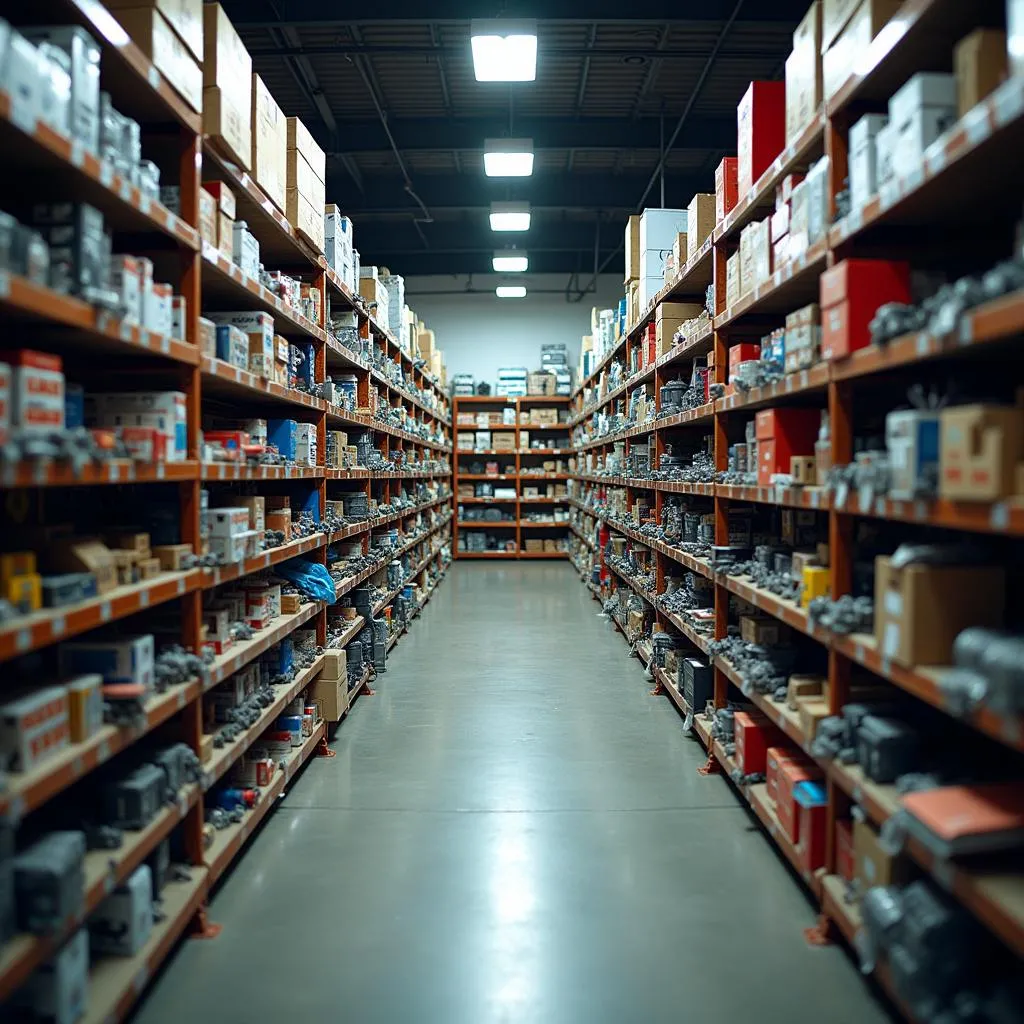 Car parts store shelves stocked with various components