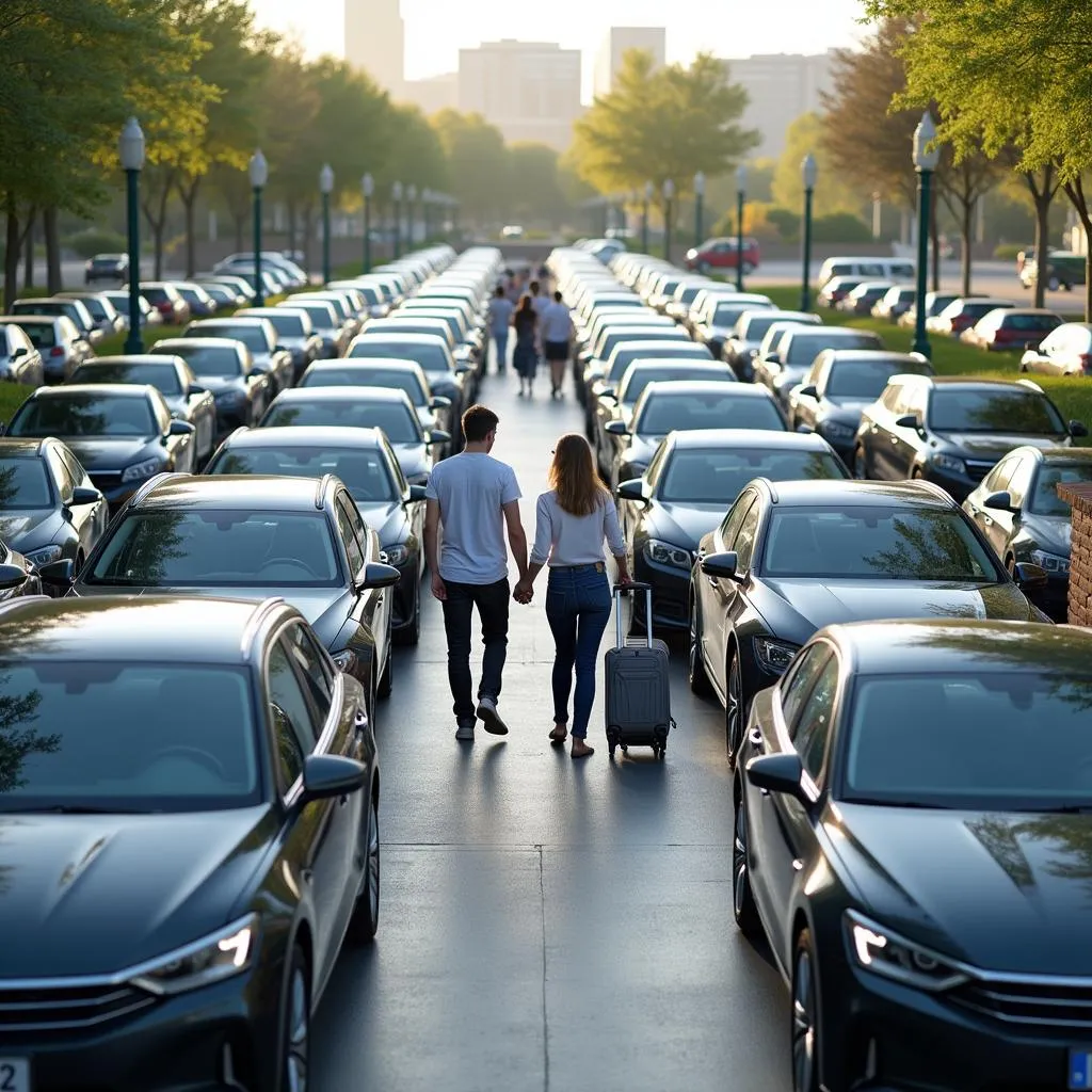 Car rental lot with a variety of vehicles