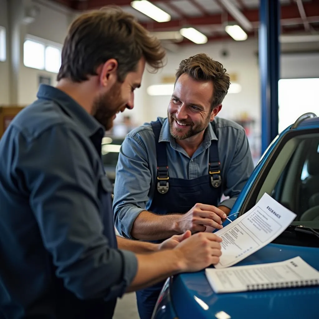 Car owner talking to a mechanic about a repair estimate