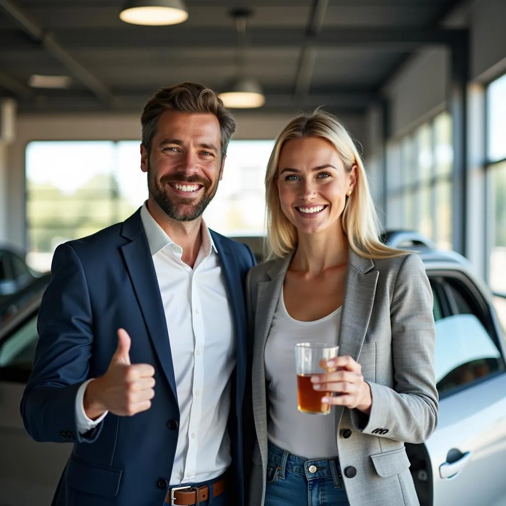 Car salesman celebrating with a customer