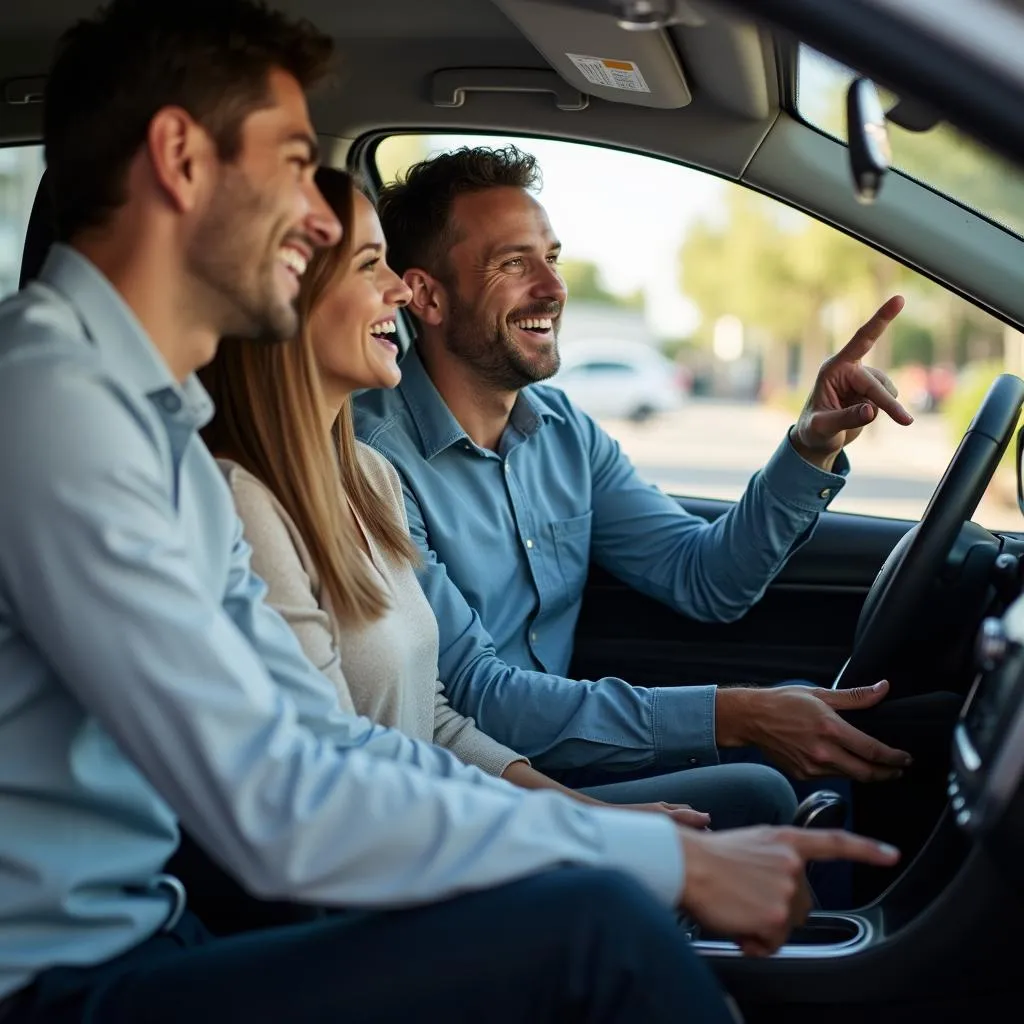 Car salesman explaining car features to a couple