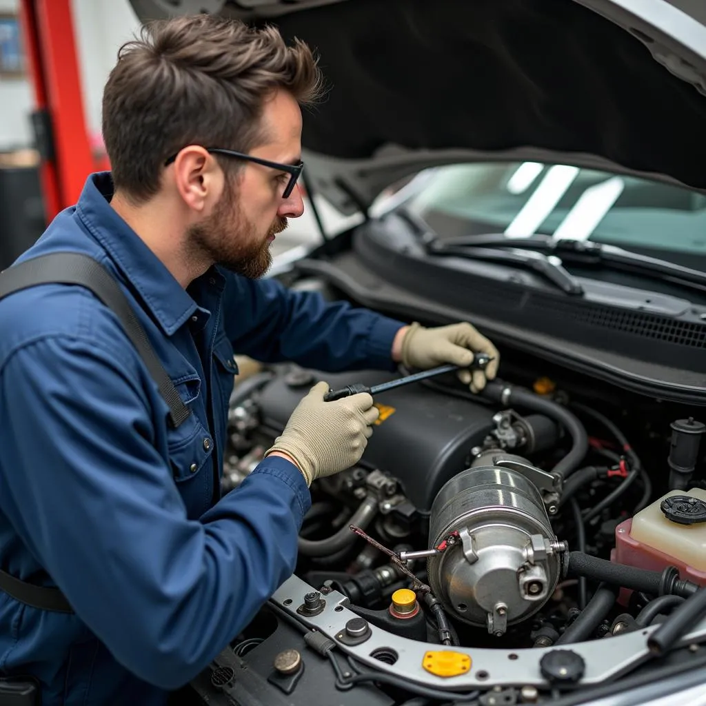 Mechanic replacing a car starter motor