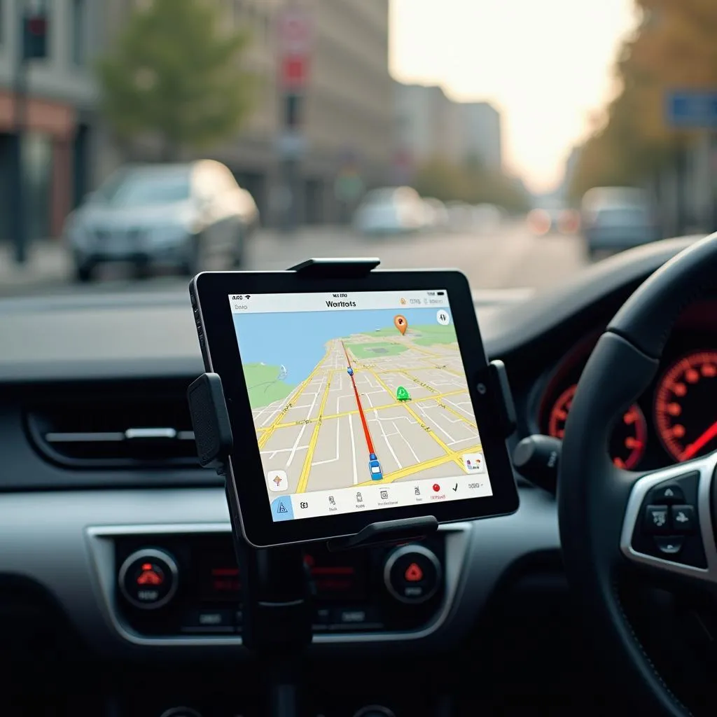 Car tablet holder displaying navigation on a car dashboard