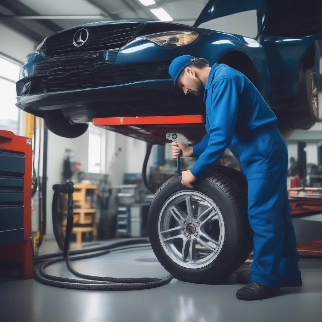 Mechanic inspecting car tire