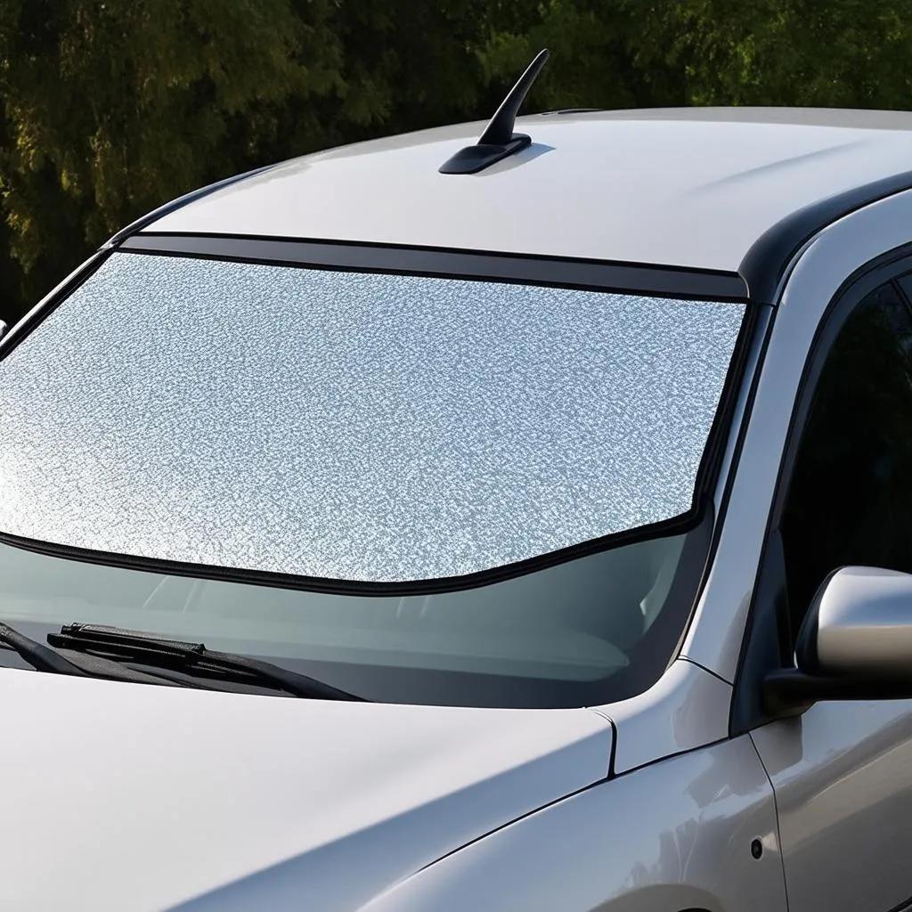 Car windshield sun shade in use