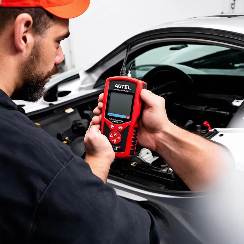 Car Mechanic Using Autel TBE200B