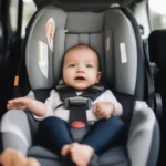 A baby safely secured in a rear-facing car seat