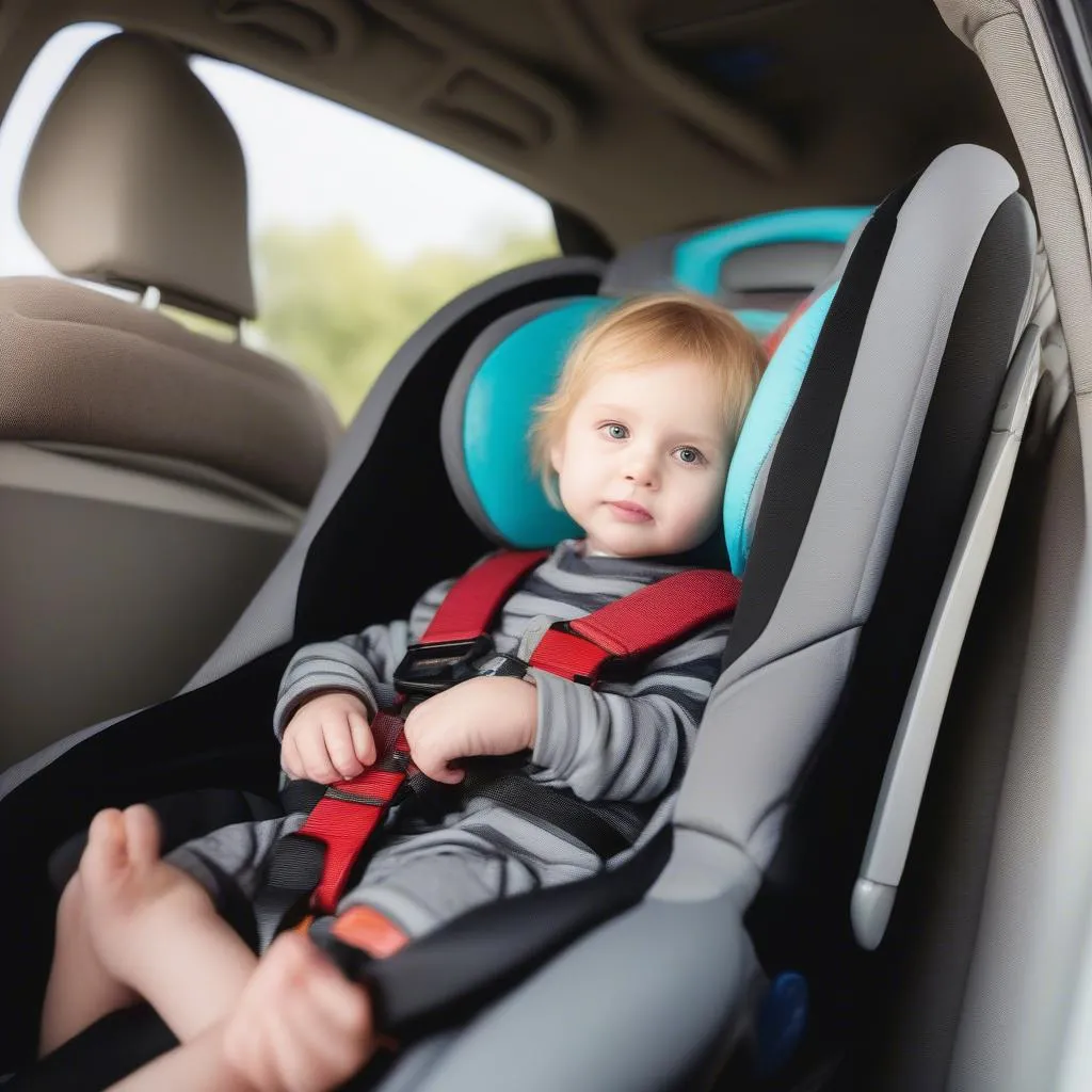 A toddler safely secured in a forward-facing car seat