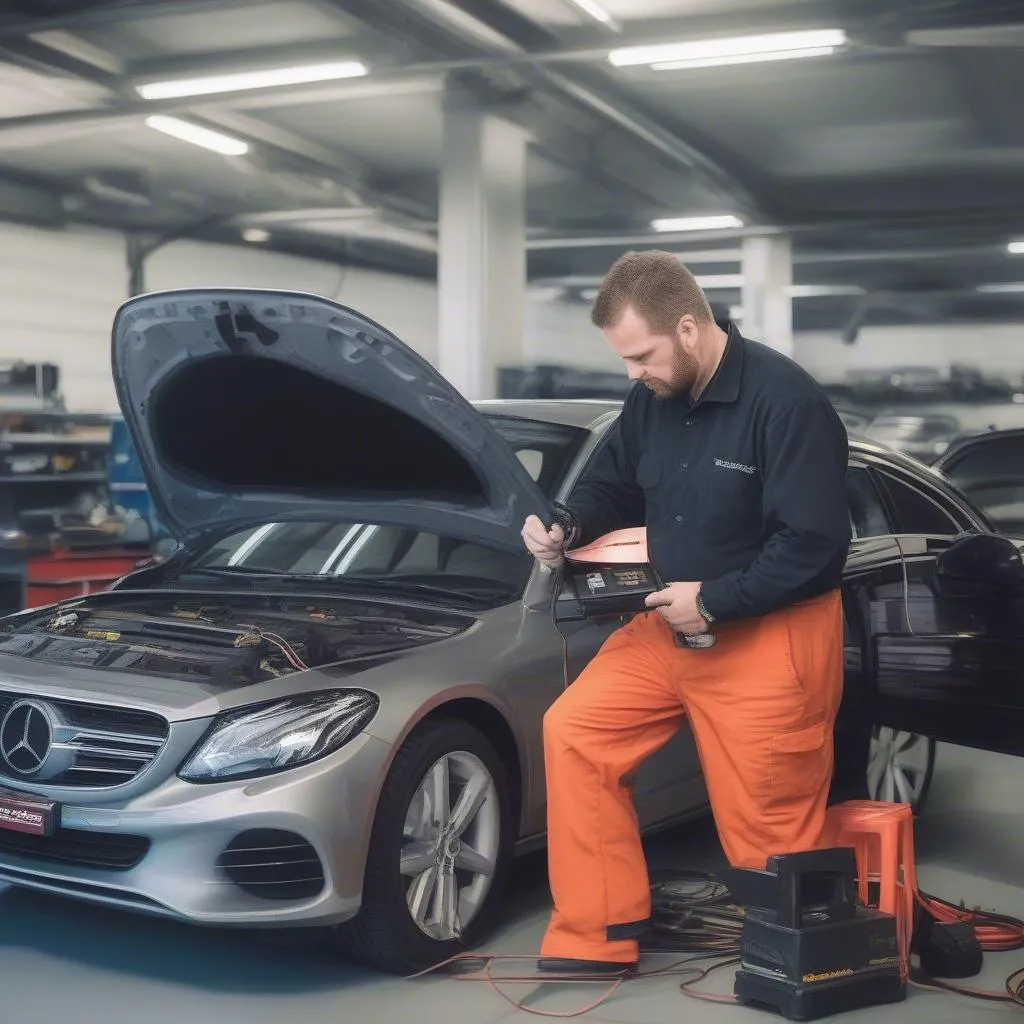 Automotive technician using a dealer scanner to diagnose carando meatballs issues