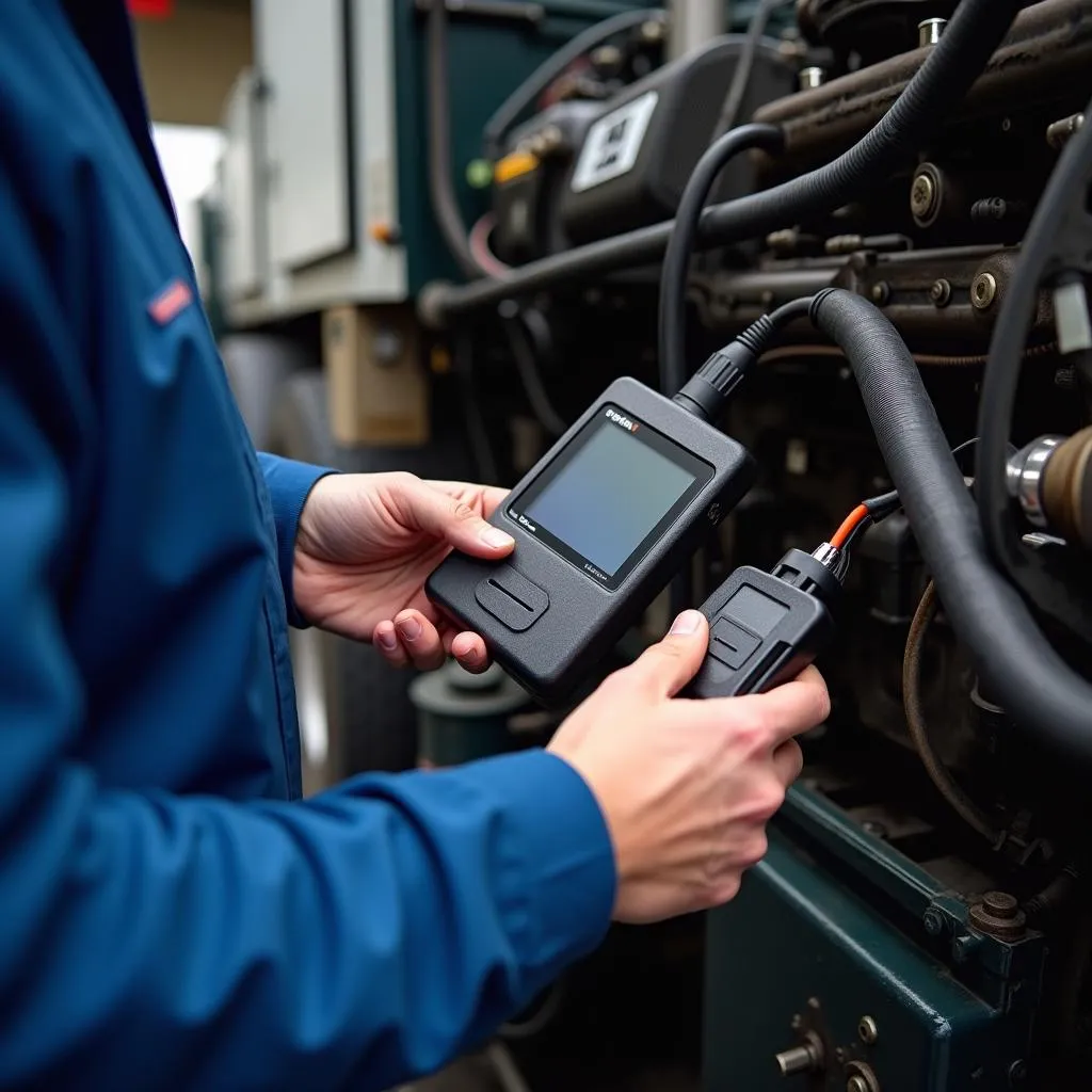 Mechanic using a Cat C7 scan tool for diagnostics