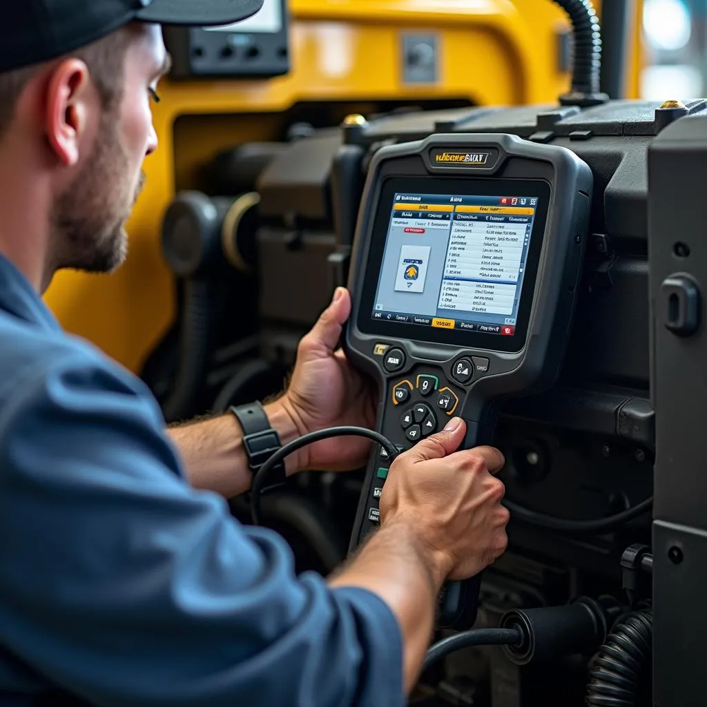 Mechanic Using a Cat Class 8 Scan Tool to Diagnose a Truck Engine