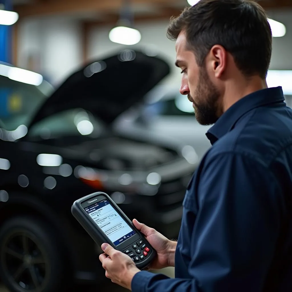 Mechanic using professional scan tool for car diagnostics