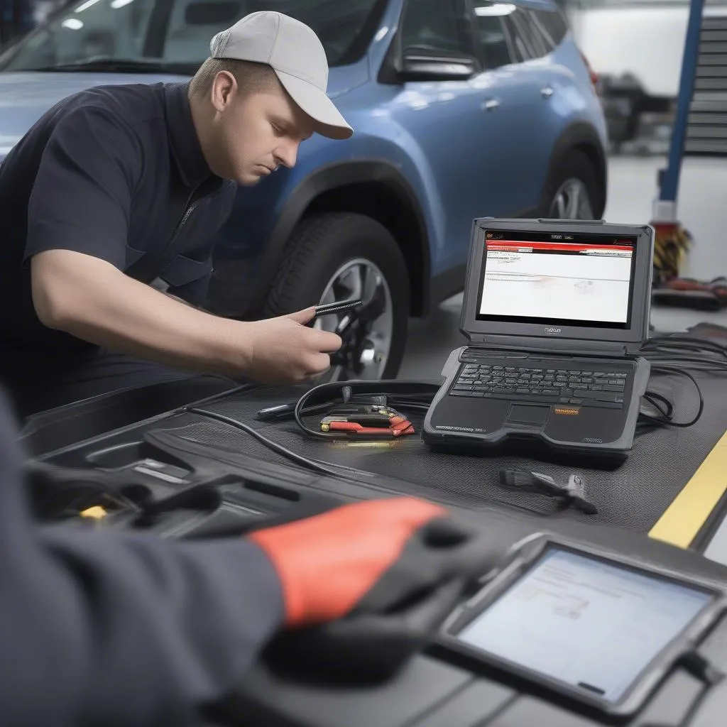 A technician using the CH6000A scan tool to diagnose a fault in a European vehicle