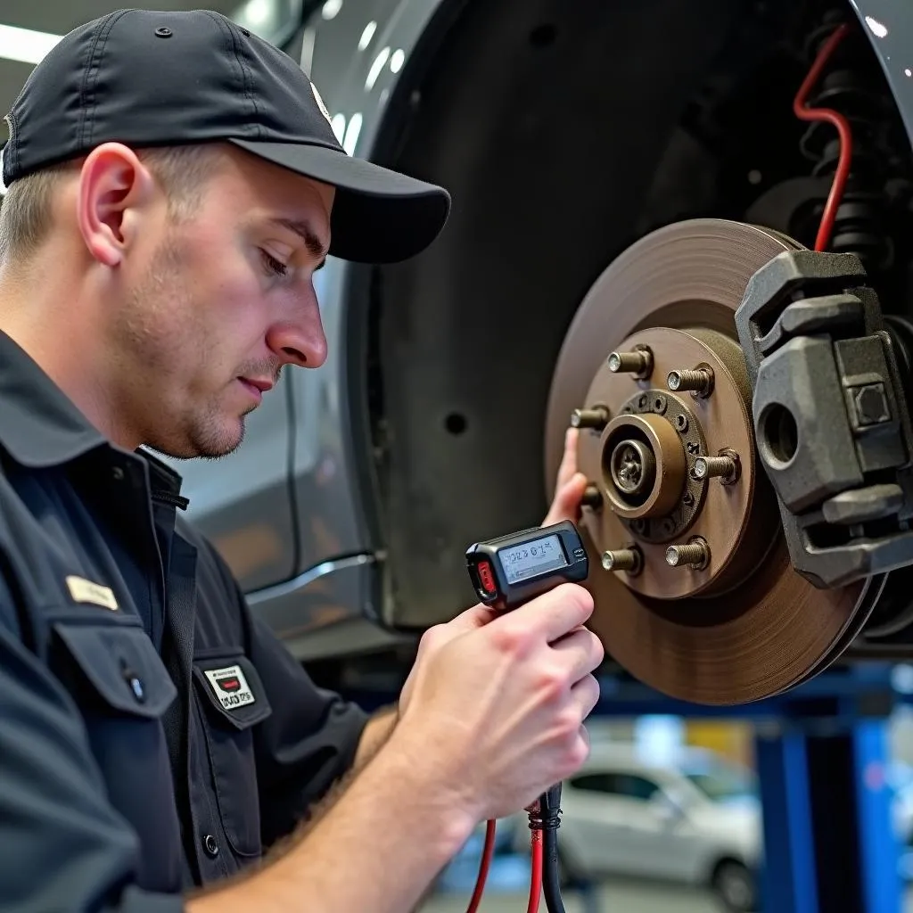 Mechanic using a budget-friendly automated brake bleeder on a car