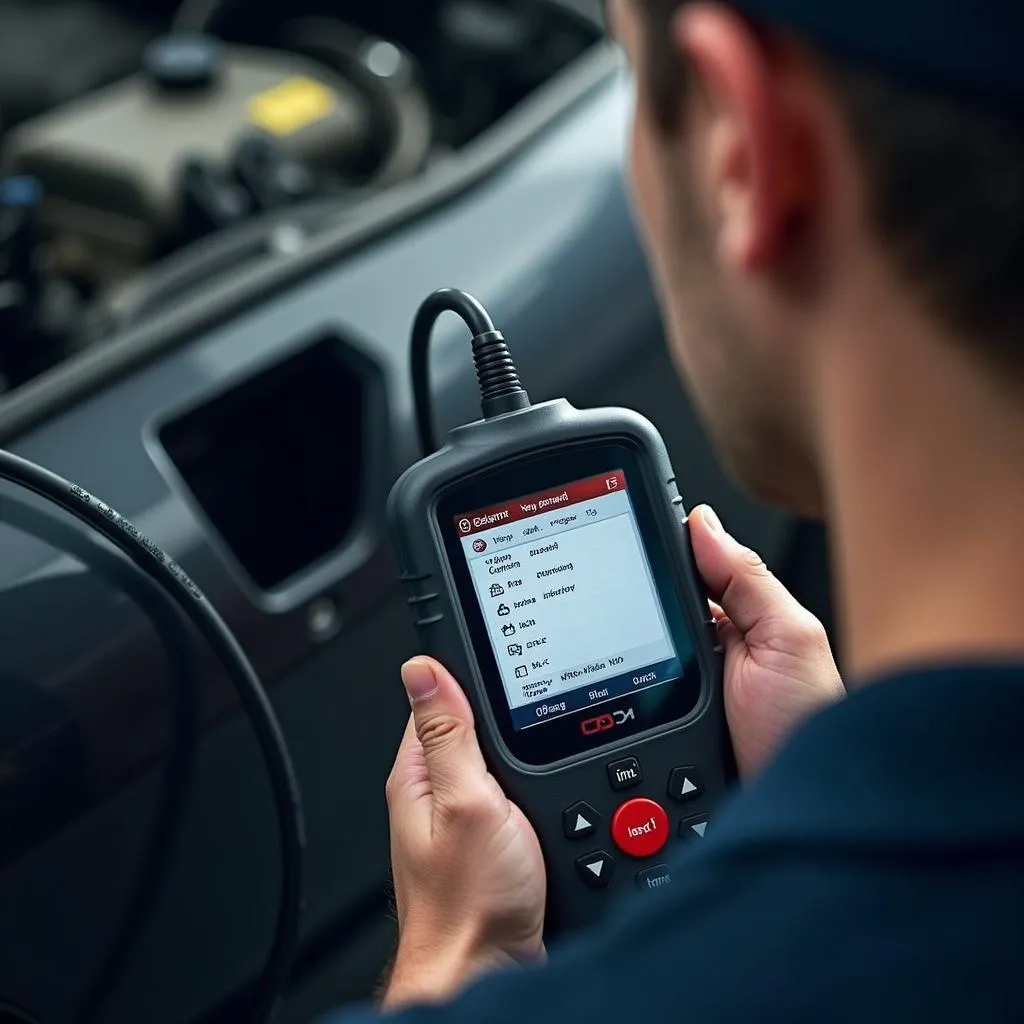 Mechanic using a scan tool on a car