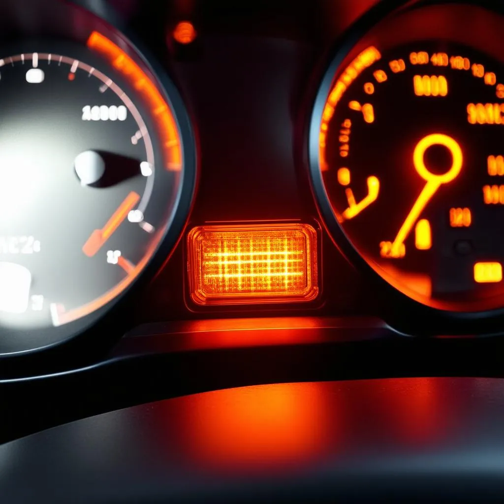 Car dashboard with illuminated check engine light