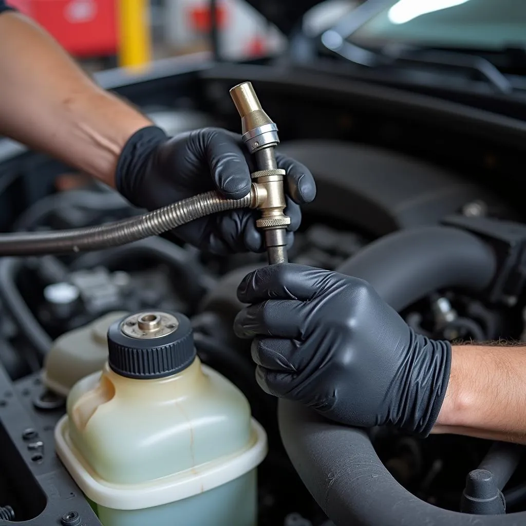 Mechanic inspecting EVAP system hoses for leaks