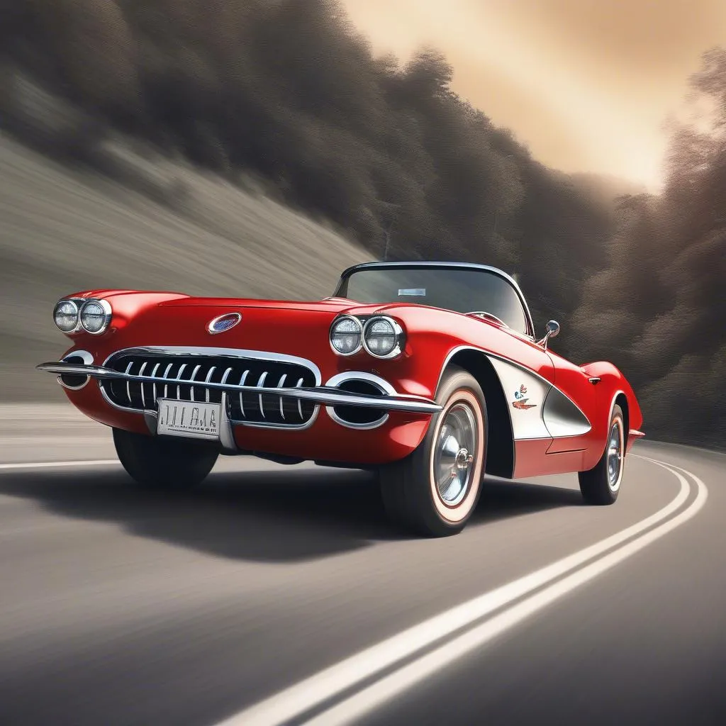 A sleek red Chevrolet Corvette convertible driving on a winding road